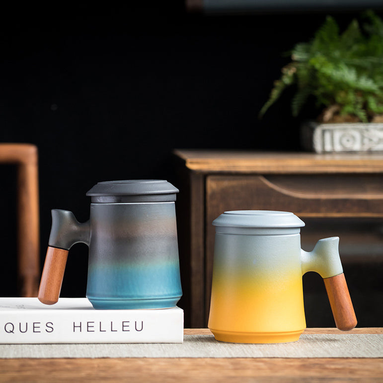 Gradient Coarse Ceramic Office Mug Three Piece Mug With Lid